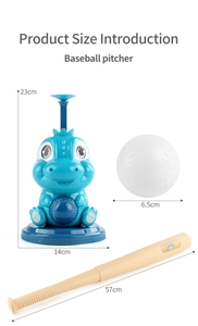 Detailed dimensions of the blue dinosaur baseball pitcher toy with bat and ball