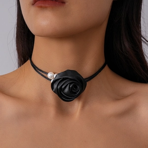 Elegant black fabric rose choker necklace with white pearls and double-strand black cord
