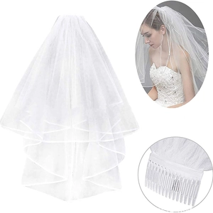 White multi-layer bridal veil with lace edges and comb attachment, shown on model