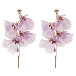 Elegant lavender mesh flower tassel earrings with long drop chains and rose gold accents