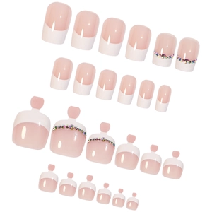 Pink and white French tip faux nail set with rhinestones for fingers and toes