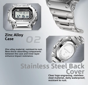 Detailed view of the zinc alloy case and shockproof construction of this digital watch