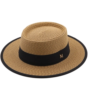 Chapeau De Paille Boater Femme Sommet Plat Large Bord Protection Solaire Été Plage Vacances Respirant Ruban Élégant Lettre Métal