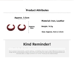 Detail of red and black leopard print leather earrings with size and weight info
