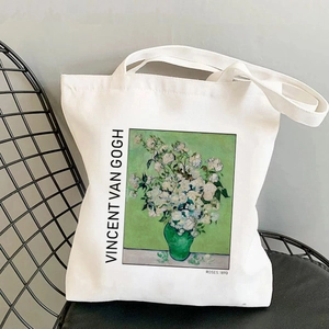 White canvas tote bag featuring Van Gogh's Roses painting print and black lettering