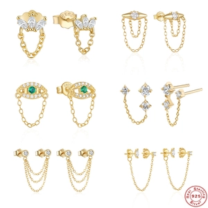 Evil Eye Ear Studs With 925 Sterling Silver Earring Post Green Zirconia Chain Tassel Elegant Jewelry For Women