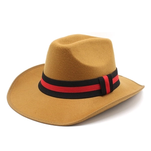 Detail of khaki wool felt fedora with classic black and red striped ribbon band decoration