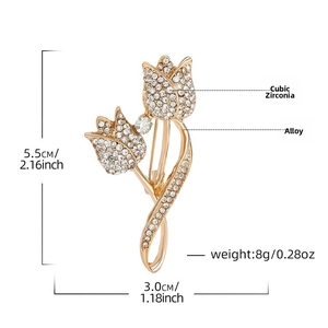 Detailed view of tulip brooch with rhinestones and dimensions 5.5cm by 3.0cm