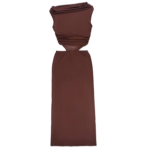 Detailed view of the hollow cut-out design and pleated fabric on a brown dress