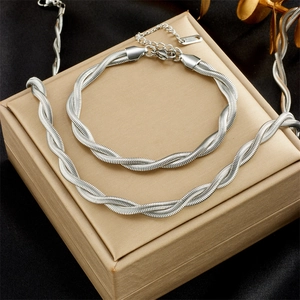 Necklace And Bracelet Stainless Steel Twisted Snake Chain Minimalist Vintage Braided Jewelry For Women Silver Color