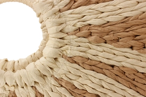 Detail of paper straw woven handbag showing contrast stitching and handle reinforcement