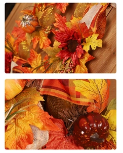 Dettaglio ravvicinato della ghirlanda autunnale con foglie d'acero, zucche e fiori