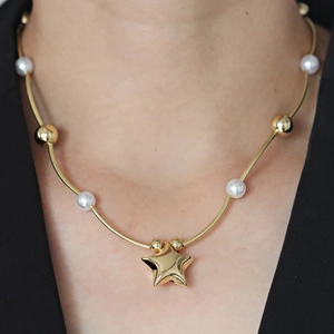 Women Pendant Necklace Copper Brass Faux Artificial Pearl Heart Star Blue Gemstone Bow INS Trendy Jewelry