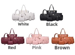 Six-piece woven handbag set including tote and crossbody bags in five stylish colors