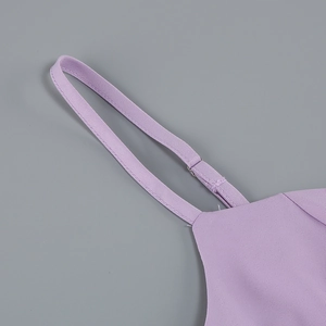 Detail of adjustable silver buckle on lavender twill evening dress shoulder strap
