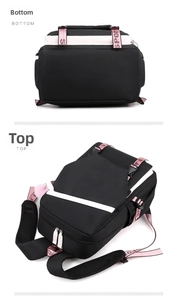 Detail view showing the bottom and top zipper of this black sport nylon backpack