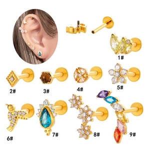 Titanium labret and ear studs with colorful zircons in various gold finish designs