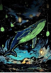 Carte d'art à gratter A4 lumineuse montrant une baleine à bosse dans la mer étoilée