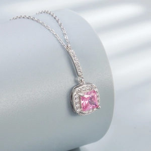 Elegant 925 sterling silver necklace with a pink square zircon and micro-pave crystals