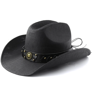 Black western cowboy hat with studded leather band and adjustable chin strap