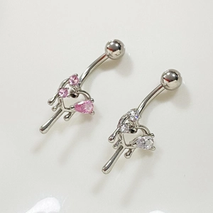 Pink and white heart-shaped zircon belly button rings in polished surgical steel