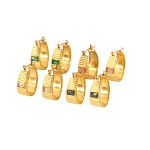 Chic 18K gold plated hoop earrings featuring colorful square zircon and ribbed texture