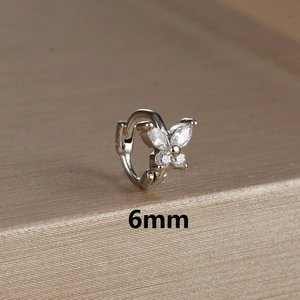 Detailed view of 6mm silver butterfly cartilage hoop earring with sparkling zirconia
