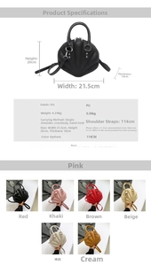 Size chart for shell handbag with dimensions 21.5x20x10cm and multi-color options