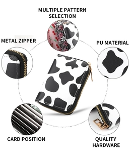 Detail view of cow pattern PU card holder with metal zipper and multi-slot interior