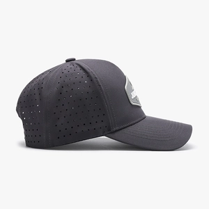 Dark grey polyester baseball cap with laser-cut ventilation holes and front logo patch