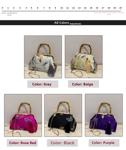 Macro view of Chinese style jacquard handbags with bamboo handles and floral embroidery