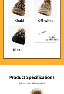 Détails de bonnets en tricot à motif léopard avec pompons en kaki, beige et noir
