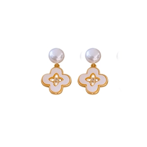 Elegant 18k gold plated four-leaf clover pearl earrings with zircon inlay for women