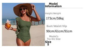 Detailed view of army green one-shoulder swimsuit with elegant ruffles and side ruching