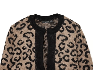 Detailed view of leopard print knit cardigan with fuzzy mohair texture and ribbed edges
