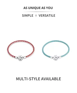 Minimalist s925 silver four leaf clover charms on woven leather bracelets in pink and blue