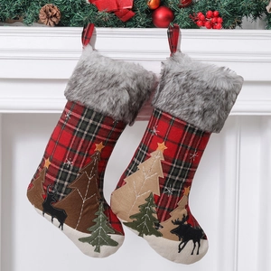 Christmas Stocking Red Plaid Plush Cuff Reindeer Christmas Tree Applique Hanging Gift Bag Fireplace Decoration Rustic