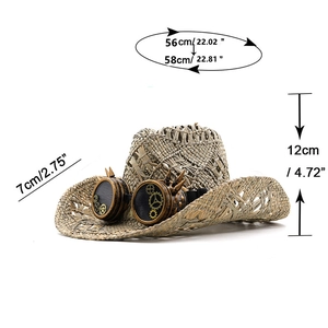 Detailed size guide of a steampunk straw cowboy hat with goggles and vintage gears