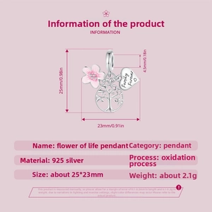 Detail showing 925 silver Tree of Life charm with pink flower and Family Forever heart
