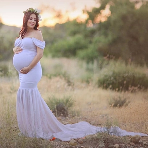 Off Shoulder Maternity Photography Dress Chiffon Mermaid Tail Trailing Sleeves Maxi Gown