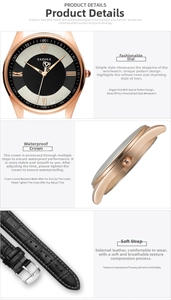 Detail of rose gold case, textured dial, and crocodile embossed leather strap of quartz watch
