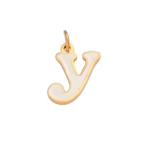 Detailed macro view of a golden letter Y pendant with white enamel inlay for DIY jewelry