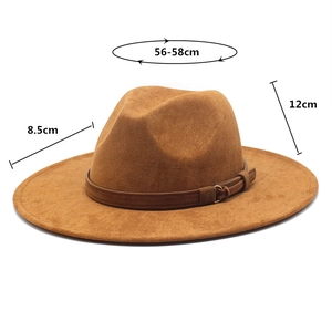 Brown faux suede fedora hat detail showing 8.5cm wide brim and 56-58cm head size