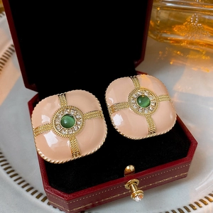 Vintage French style pink enamel square earrings with green stone in a red jewelry box