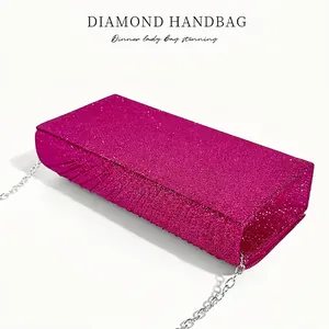 Sparkly rose pink sequin clutch bag with elegant pleats and a silver chain strap