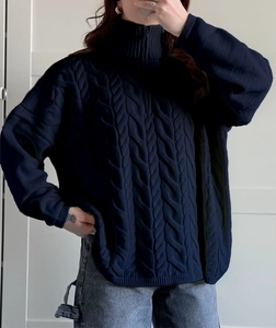 Detail of navy blue cable knit sweater featuring a half-zip neckline and ribbed texture