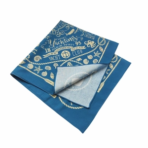 Detail of blue cotton nautical bandana featuring anchors and yachting spirit prints