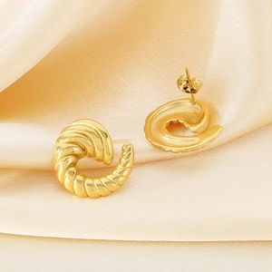 Minimalist gold spiral croissant stud earrings crafted in stainless steel for women
