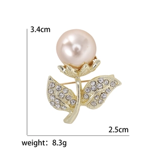 Elegant gold flower brooch with pearl and rhinestones, size 3.4cm x 2.5cm, 8.3g