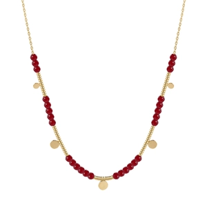 Vintage stainless steel necklace with red crystal beads and gold round pendants